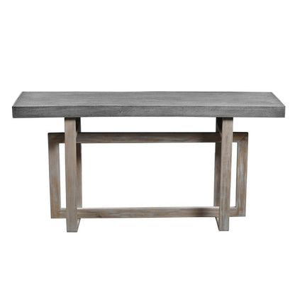 The Urban Port 59 Inch Artisan Sideboard Console Table with Geometric Interlocked Base, Distressed Matte Gray
