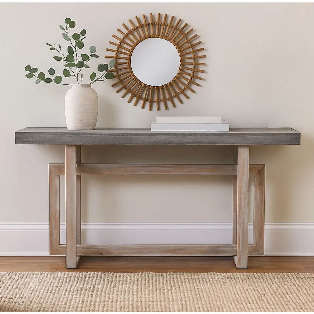 The Urban Port 59 Inch Artisan Sideboard Console Table with Geometric Interlocked Base, Distressed Matte Gray