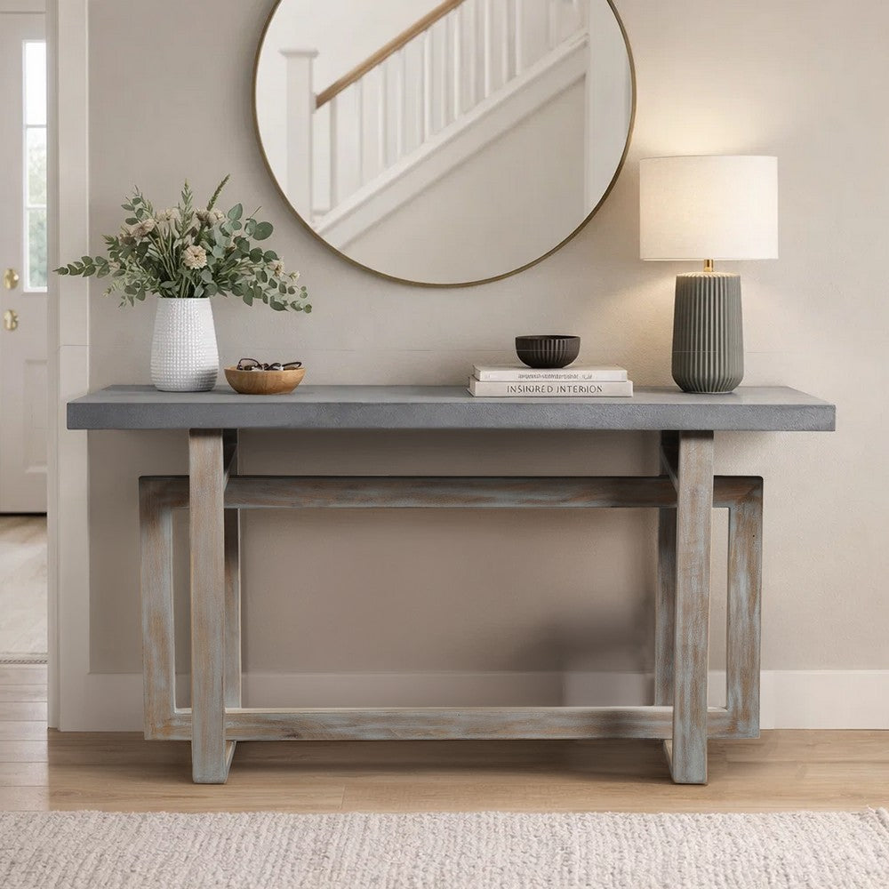 The Urban Port 59 Inch Artisan Sideboard Console Table with Geometric Interlocked Base, Distressed Matte Gray