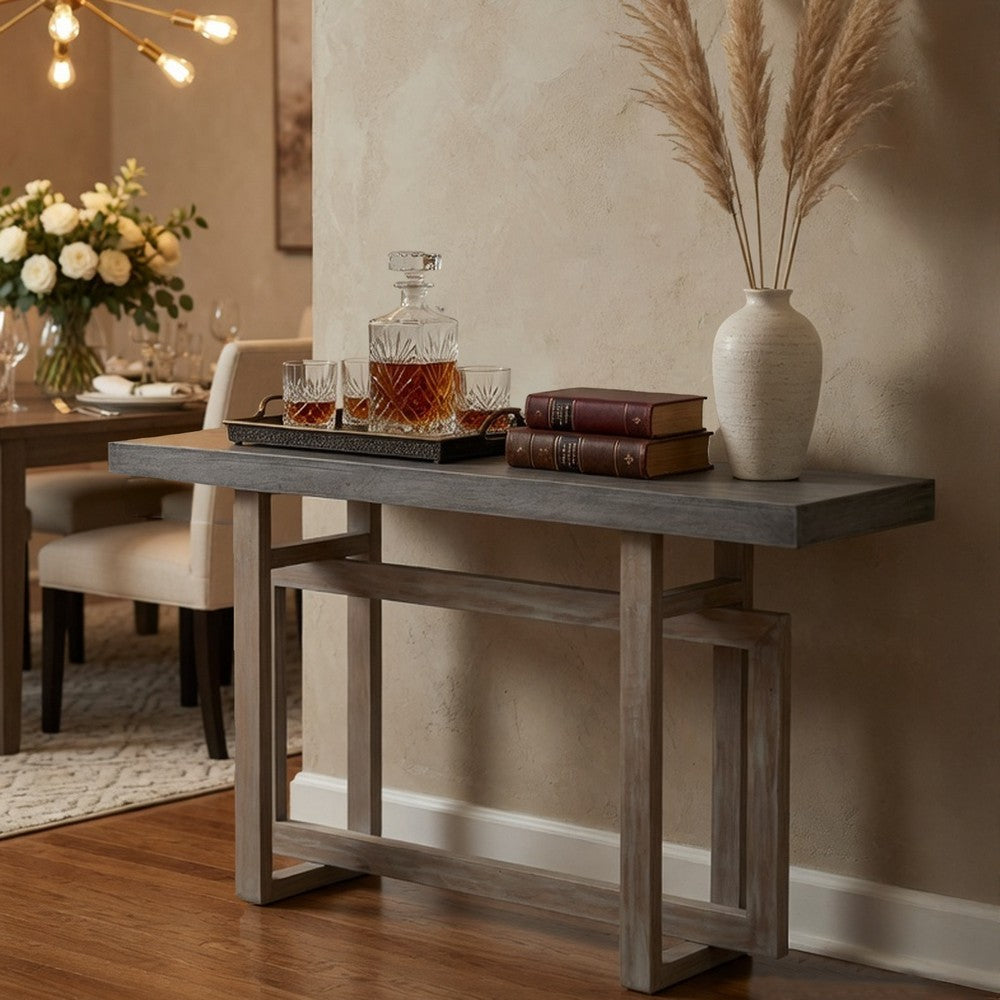 The Urban Port 59 Inch Artisan Sideboard Console Table with Geometric Interlocked Base, Distressed Matte Gray