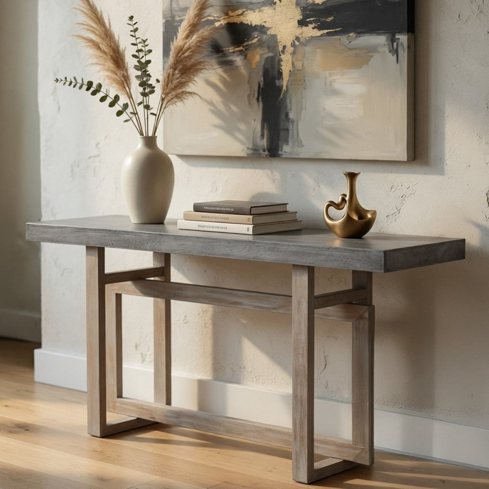 The Urban Port 59 Inch Artisan Sideboard Console Table with Geometric Interlocked Base, Distressed Matte Gray