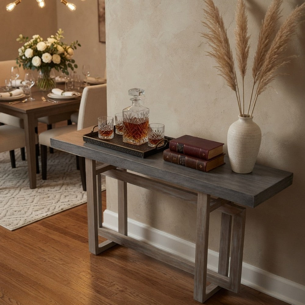 The Urban Port 59 Inch Artisan Sideboard Console Table with Geometric Interlocked Base, Distressed Matte Gray