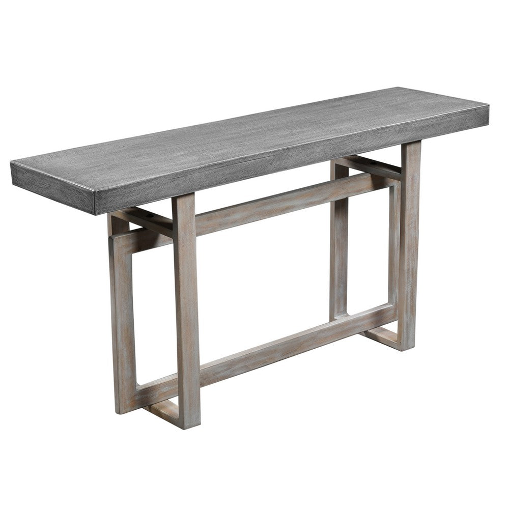 The Urban Port 59 Inch Artisan Sideboard Console Table with Geometric Interlocked Base, Distressed Matte Gray