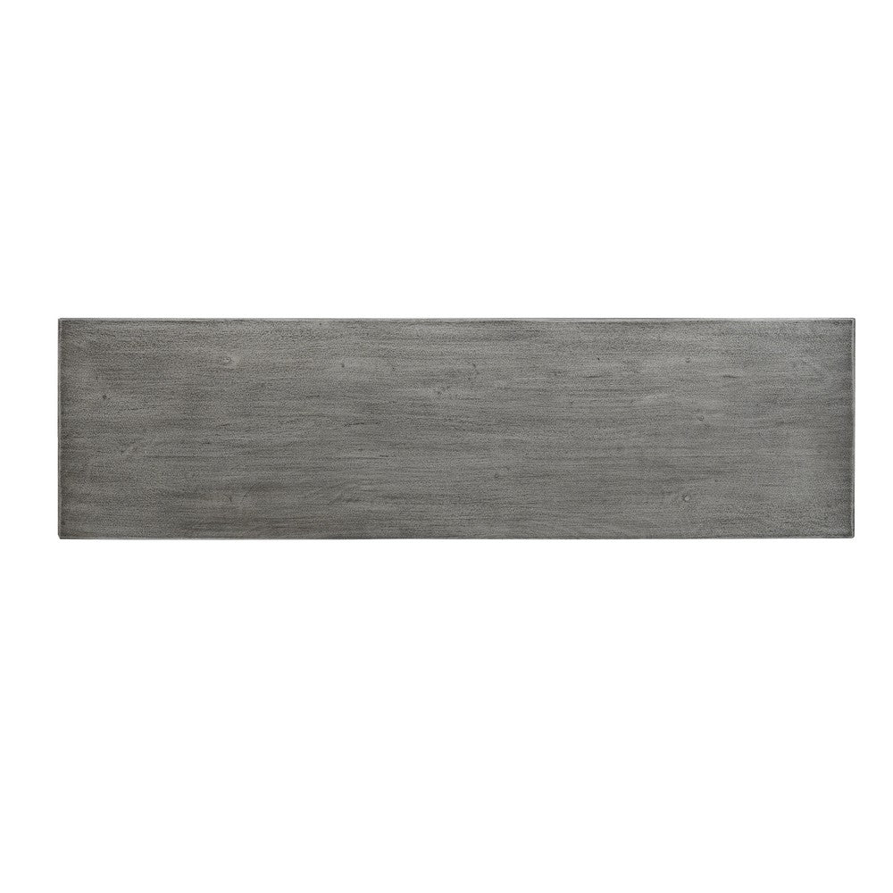 The Urban Port 59 Inch Artisan Sideboard Console Table with Geometric Interlocked Base, Distressed Matte Gray
