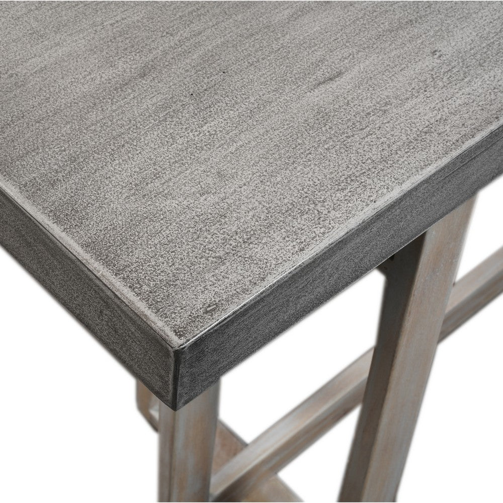 The Urban Port 59 Inch Artisan Sideboard Console Table with Geometric Interlocked Base, Distressed Matte Gray