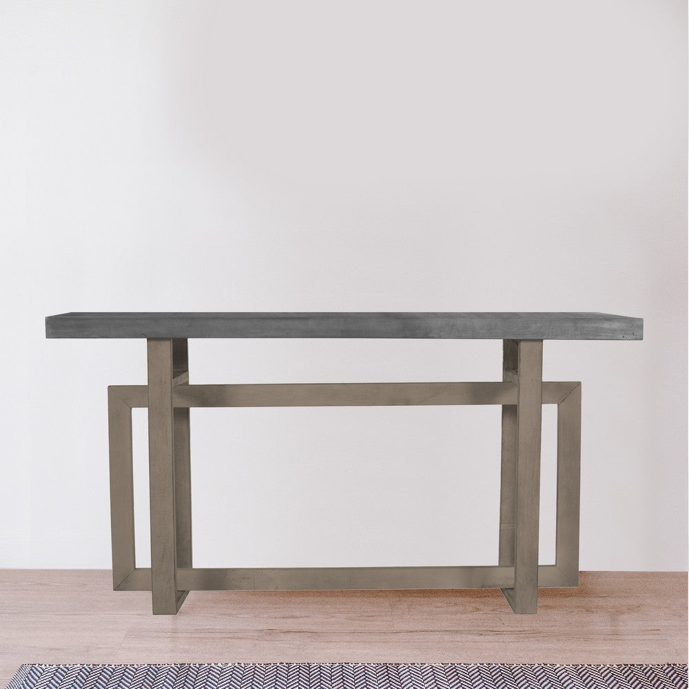 The Urban Port 59 Inch Artisan Sideboard Console Table with Geometric Interlocked Base, Distressed Matte Gray