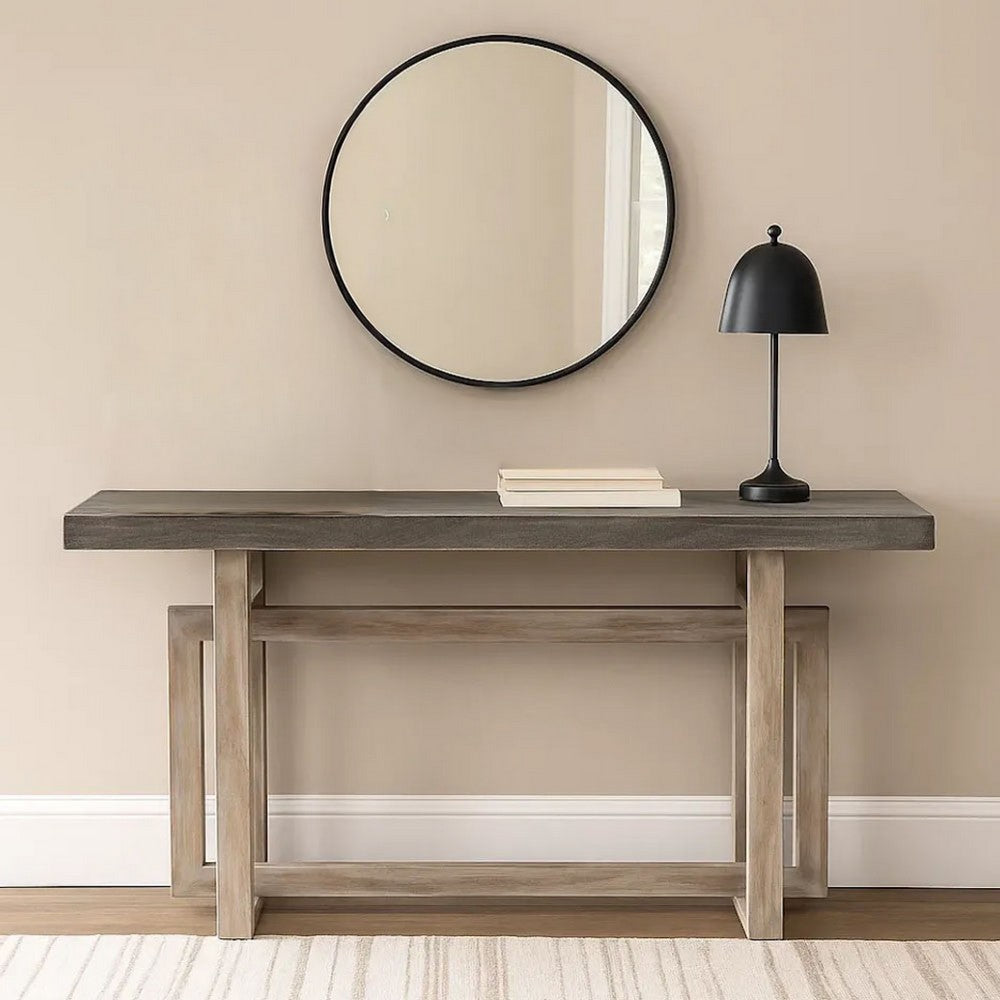 The Urban Port 59 Inch Artisan Sideboard Console Table with Geometric Interlocked Base, Distressed Matte Gray