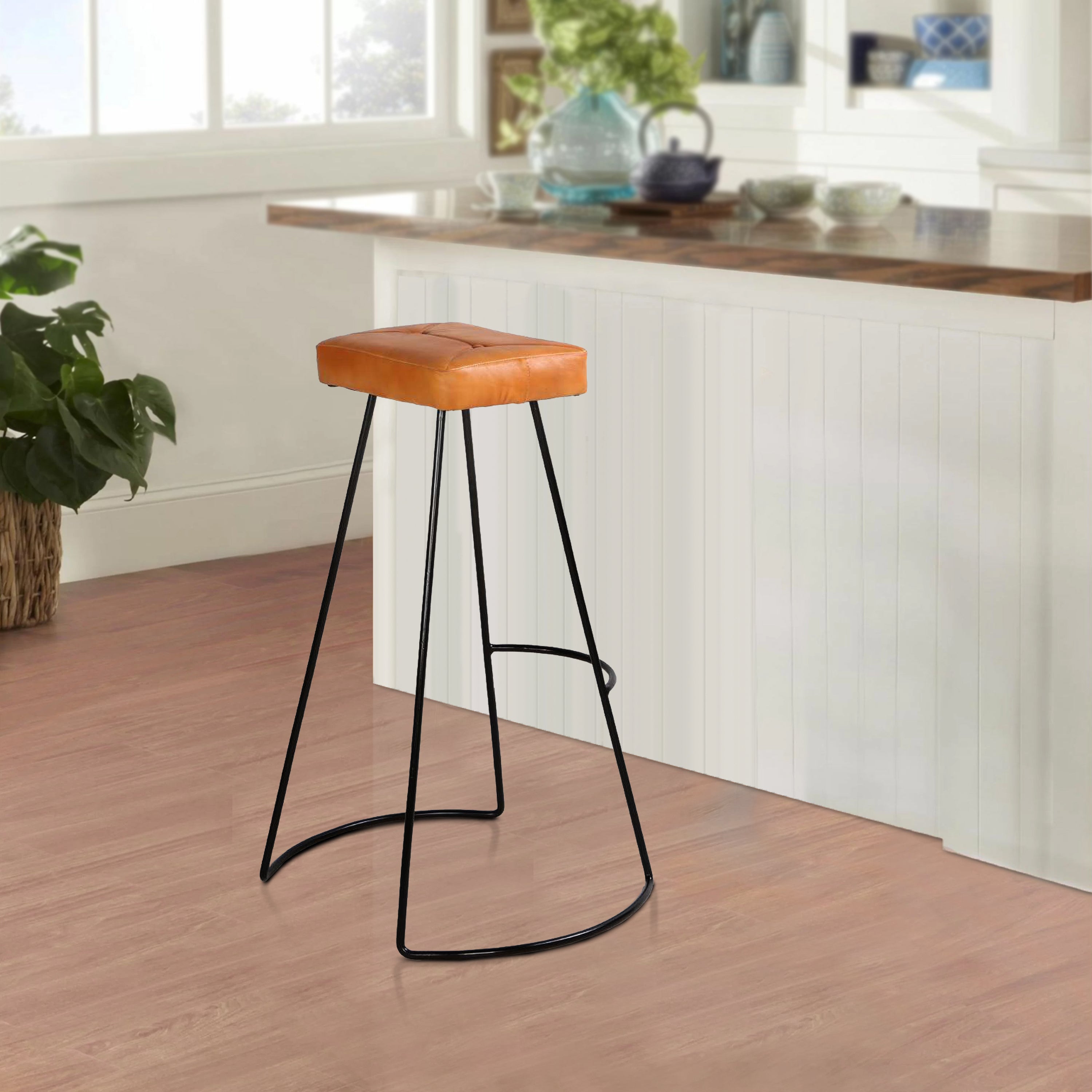 The Urban Port Uri 32 Inch Modern Bar Stool, Genuine Leather Seat, Metal Frame, Button Tufted, Tan Brown, Black