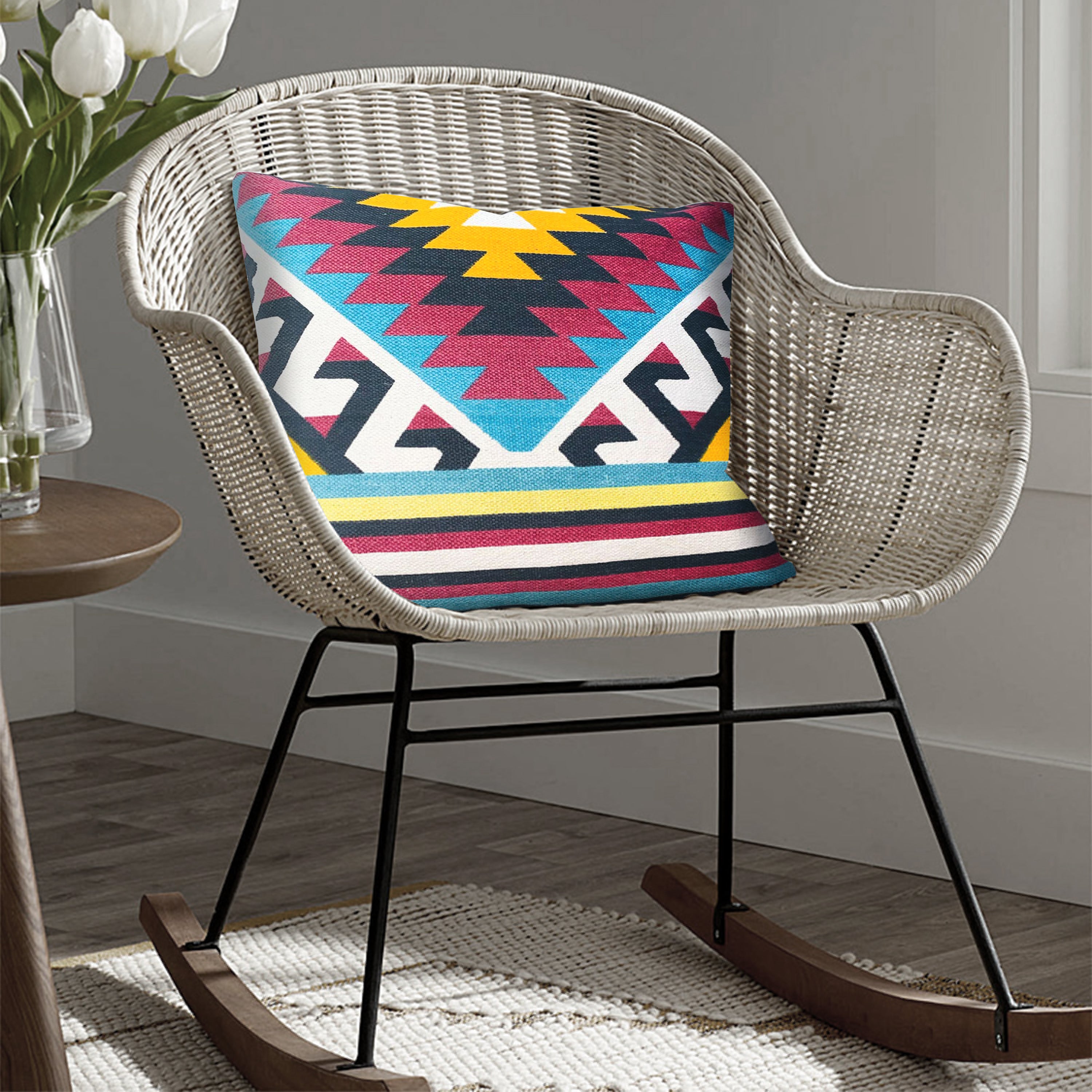 The Urban Port 24 x 24 Square Cotton Accent Throw Pillows, Geometric Aztec Pattern, Set of 2, Multicolor