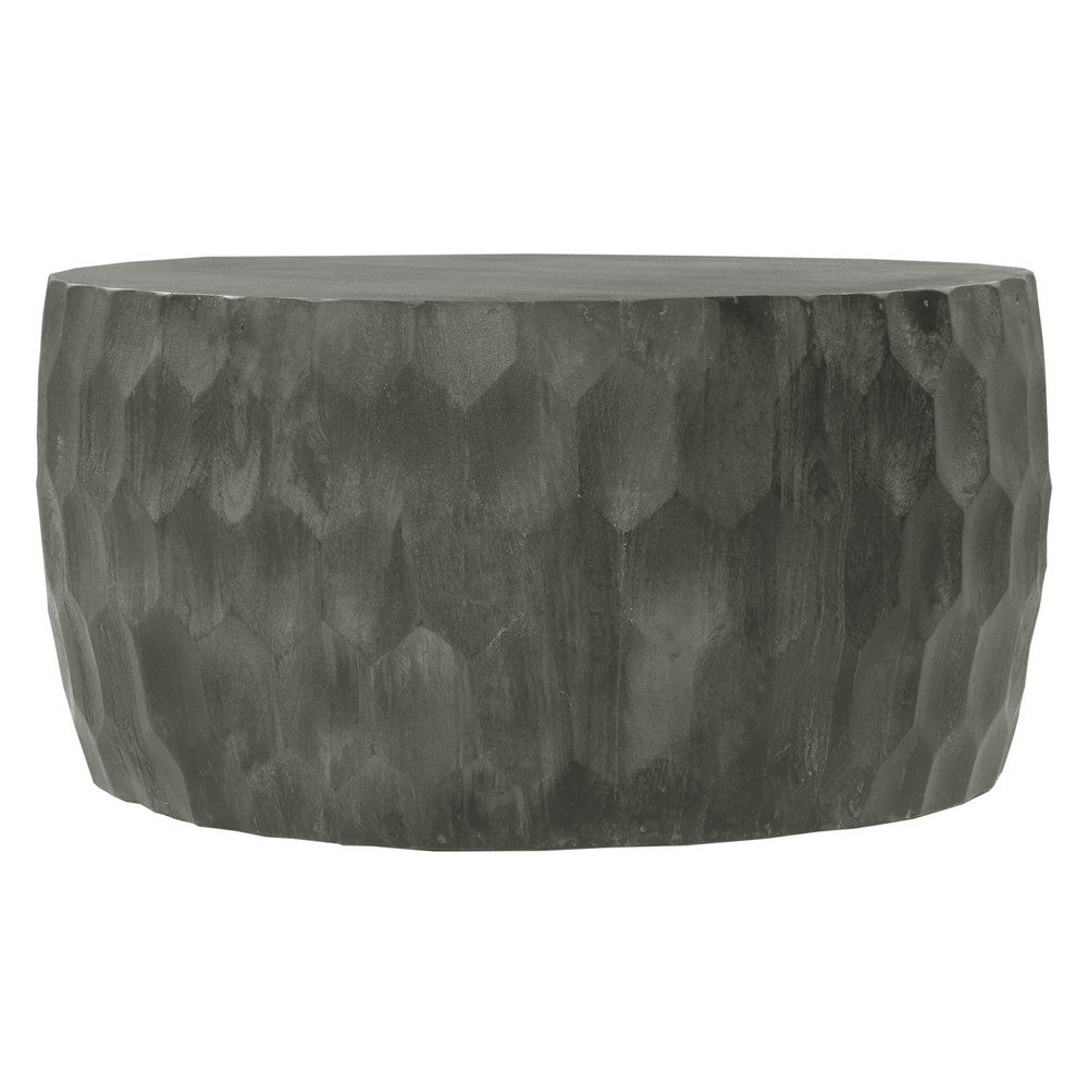 The Urban Port Val 34 Inch Handcrafted Mango Wood Coffee Table, Hammered Round Drum Shape, Honeycomb, Rustic Gray