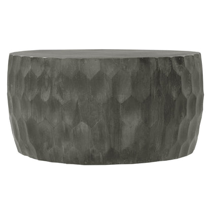 The Urban Port Val 34 Inch Handcrafted Mango Wood Coffee Table, Hammered Round Drum Shape, Honeycomb, Rustic Gray