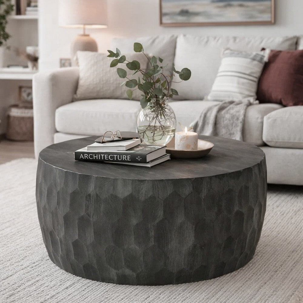 The Urban Port Val 34 Inch Handcrafted Mango Wood Coffee Table, Hammered Round Drum Shape, Honeycomb, Rustic Gray