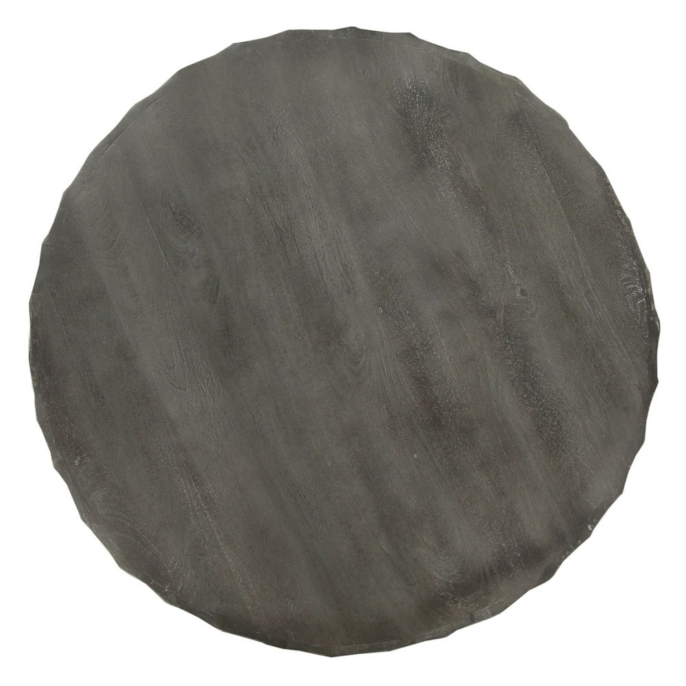 The Urban Port Val 34 Inch Handcrafted Mango Wood Coffee Table, Hammered Round Drum Shape, Honeycomb, Rustic Gray