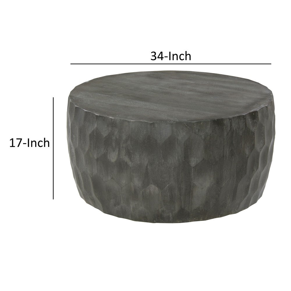 The Urban Port Val 34 Inch Handcrafted Mango Wood Coffee Table, Hammered Round Drum Shape, Honeycomb, Rustic Gray