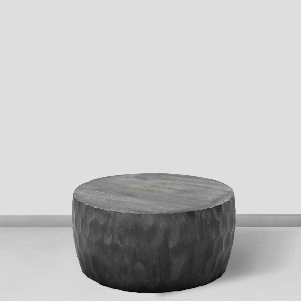 The Urban Port Val 34 Inch Handcrafted Mango Wood Coffee Table, Hammered Round Drum Shape, Honeycomb, Rustic Gray