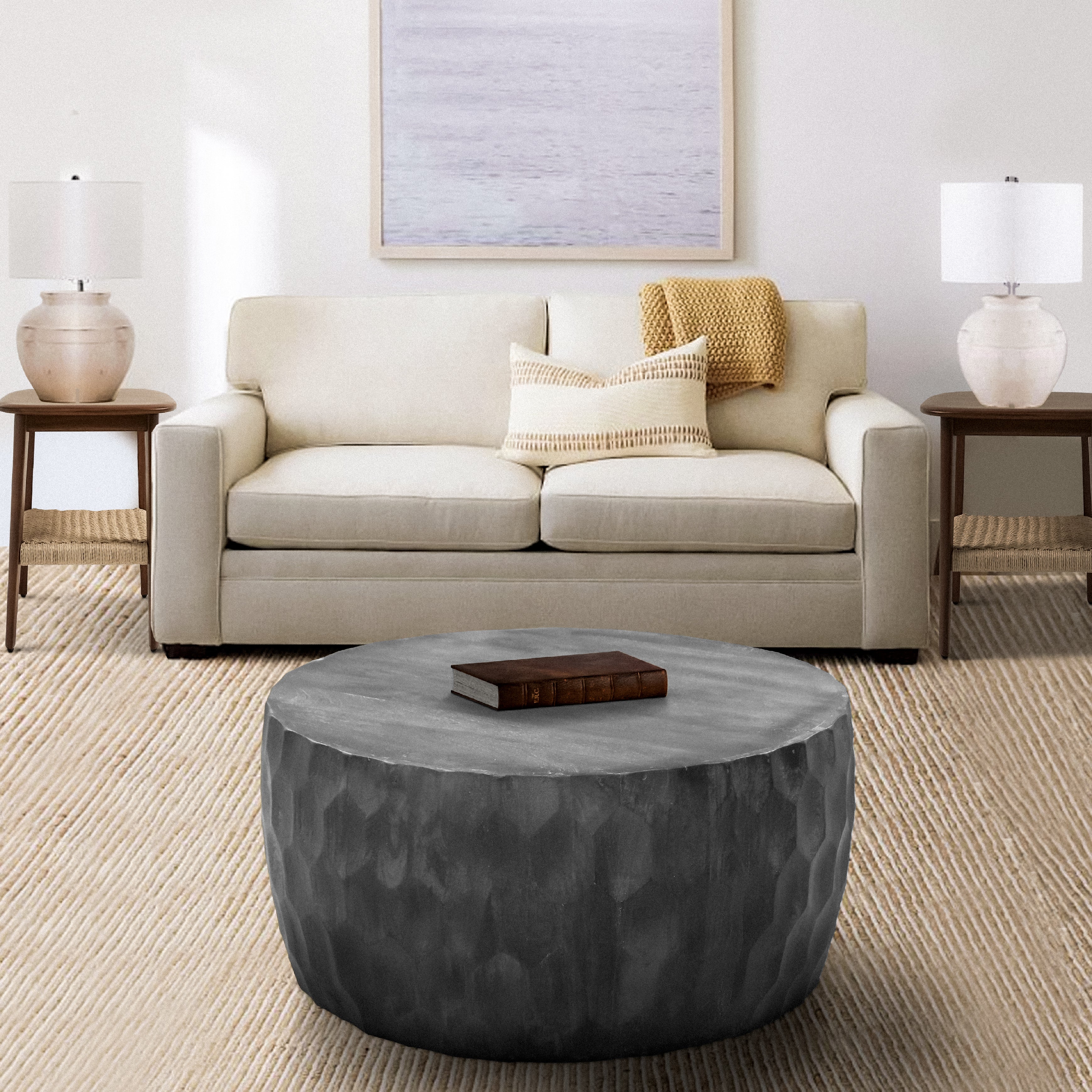 The Urban Port Val 34 Inch Handcrafted Mango Wood Coffee Table, Hammered Round Drum Shape, Honeycomb, Rustic Gray