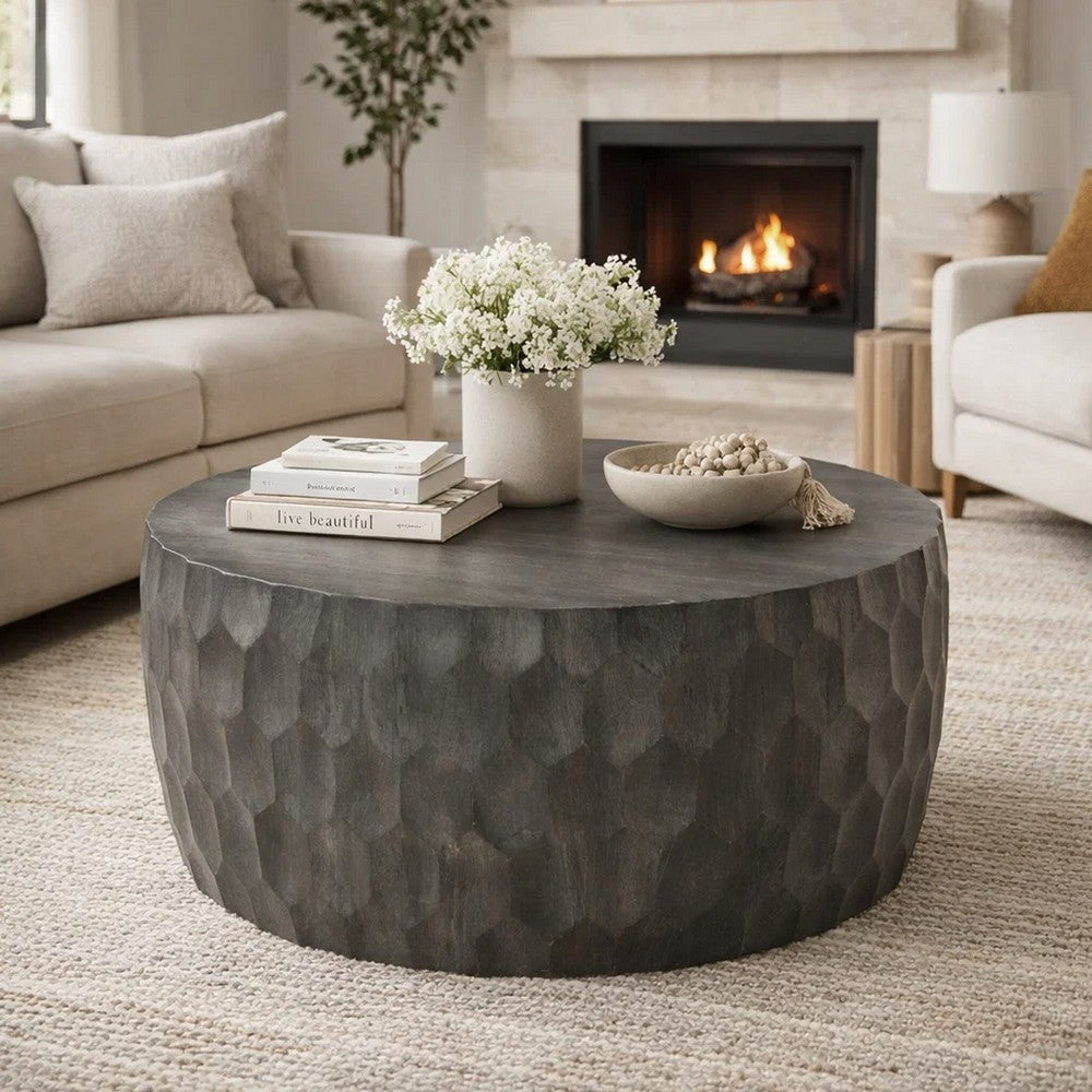 The Urban Port Val 34 Inch Handcrafted Mango Wood Coffee Table, Hammered Round Drum Shape, Honeycomb, Rustic Gray
