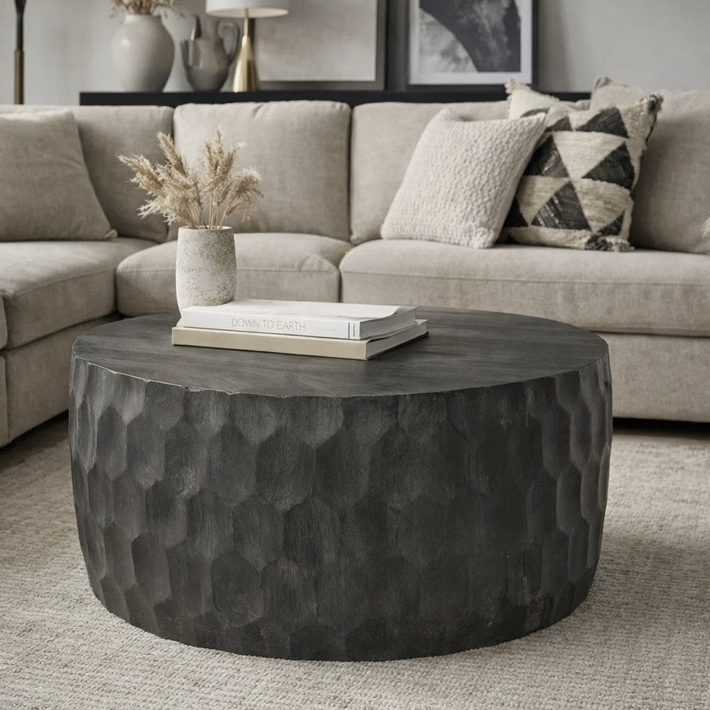 The Urban Port Val 34 Inch Handcrafted Mango Wood Coffee Table, Hammered Round Drum Shape, Honeycomb, Rustic Gray