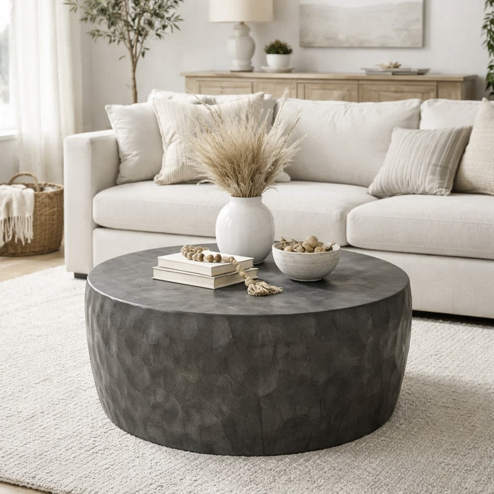 The Urban Port Val 34 Inch Handcrafted Mango Wood Coffee Table, Hammered Round Drum Shape, Honeycomb, Rustic Gray