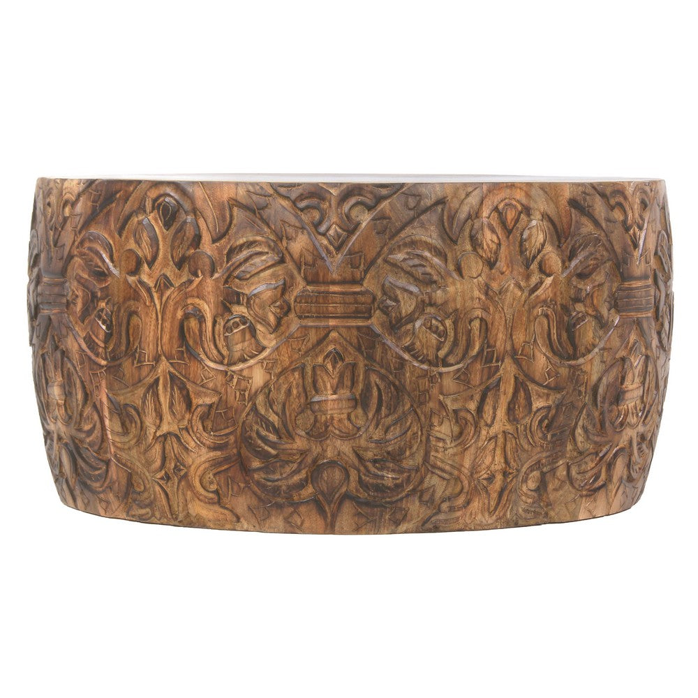 The Urban Port Rea 34 Inch Handcrafted Mango Wood Coffee Table, Round Drum Shape, Carved Damask Pattern, Walnut Brown