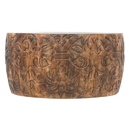 The Urban Port Rea 34 Inch Handcrafted Mango Wood Coffee Table, Round Drum Shape, Carved Damask Pattern, Walnut Brown