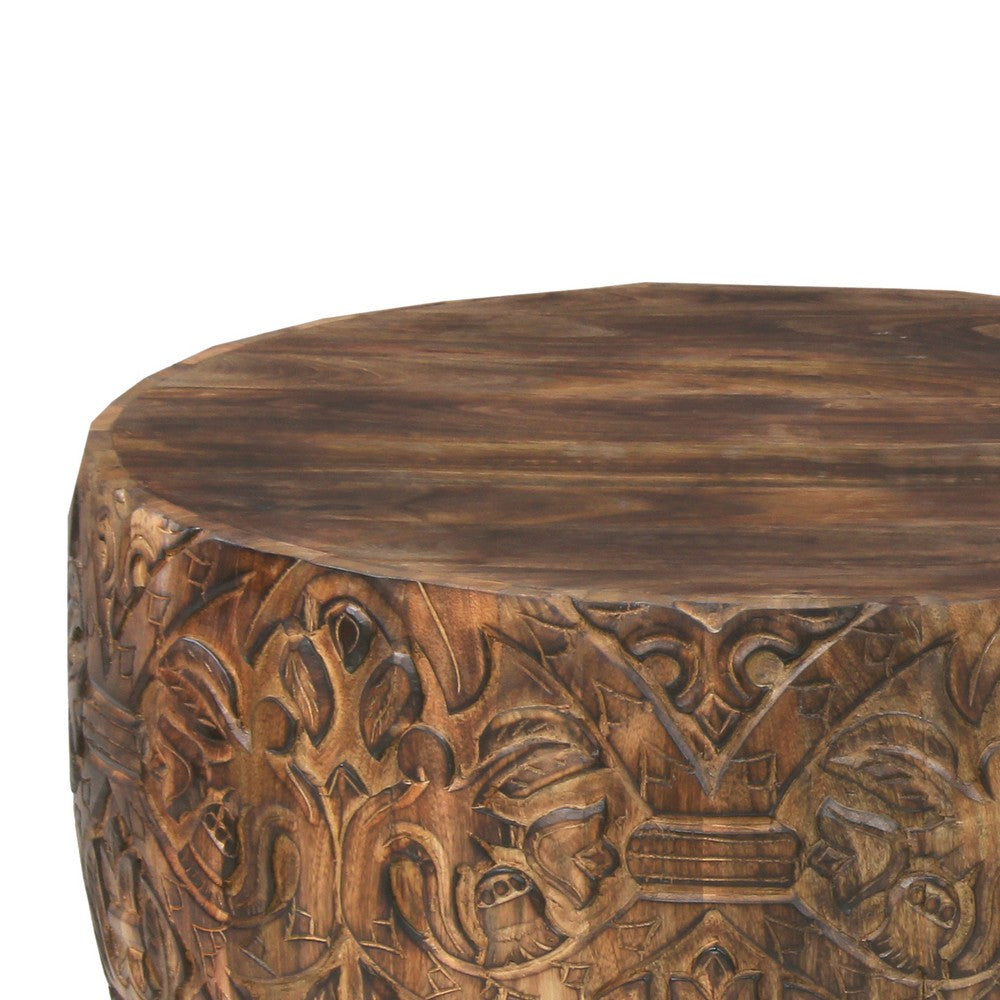 The Urban Port Rea 34 Inch Handcrafted Mango Wood Coffee Table, Round Drum Shape, Carved Damask Pattern, Walnut Brown