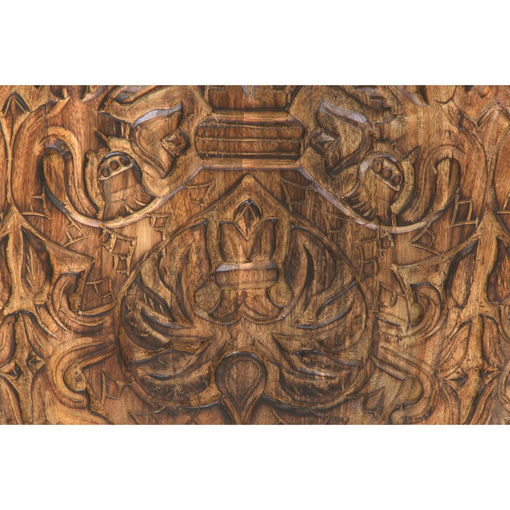 The Urban Port Rea 34 Inch Handcrafted Mango Wood Coffee Table, Round Drum Shape, Carved Damask Pattern, Walnut Brown
