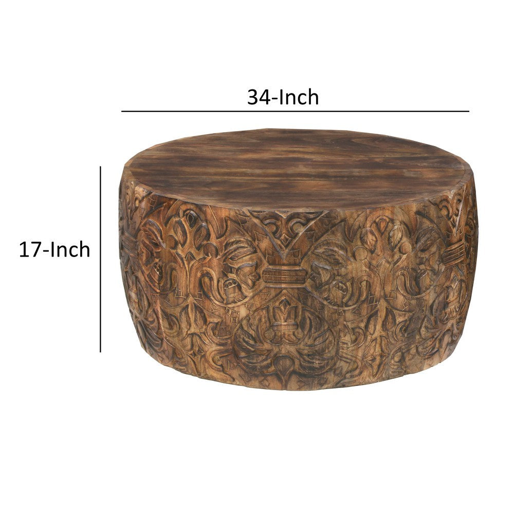 The Urban Port Rea 34 Inch Handcrafted Mango Wood Coffee Table, Round Drum Shape, Carved Damask Pattern, Walnut Brown