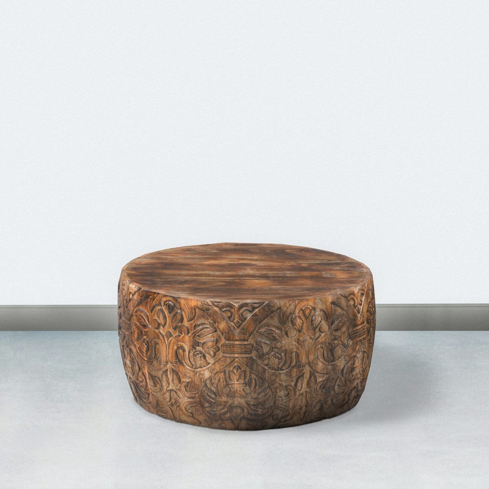The Urban Port Rea 34 Inch Handcrafted Mango Wood Coffee Table, Round Drum Shape, Carved Damask Pattern, Walnut Brown