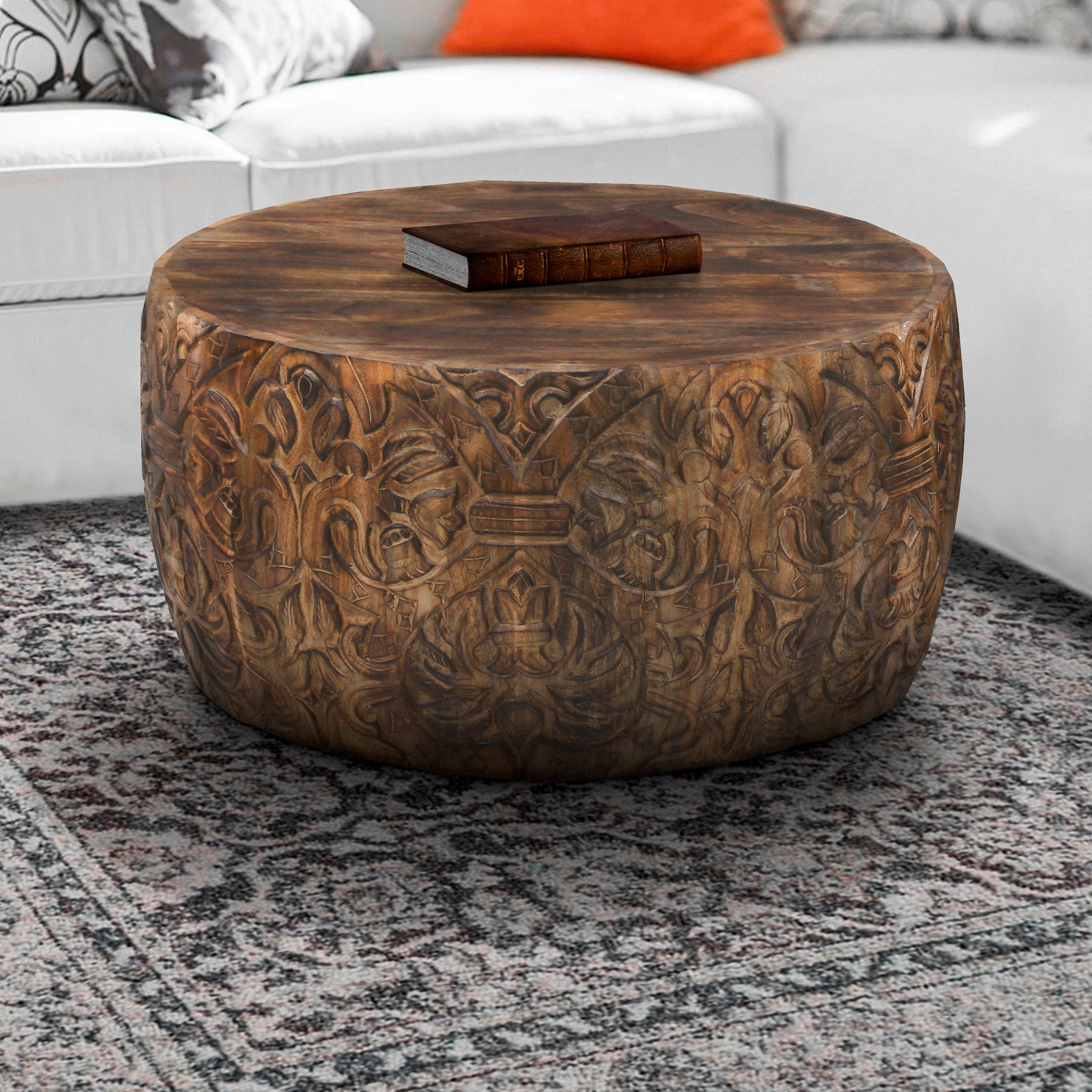The Urban Port Rea 34 Inch Handcrafted Mango Wood Coffee Table, Round Drum Shape, Carved Damask Pattern, Walnut Brown