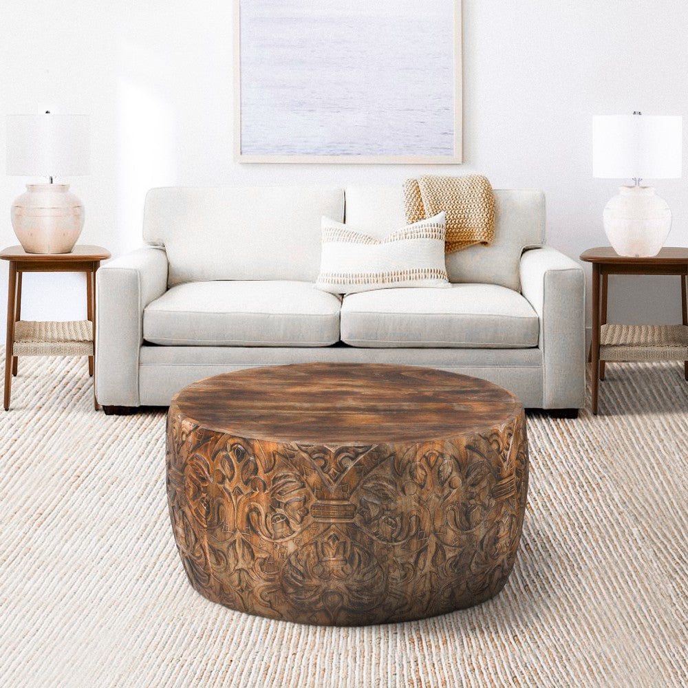 The Urban Port Rea 34 Inch Handcrafted Mango Wood Coffee Table, Round Drum Shape, Carved Damask Pattern, Walnut Brown