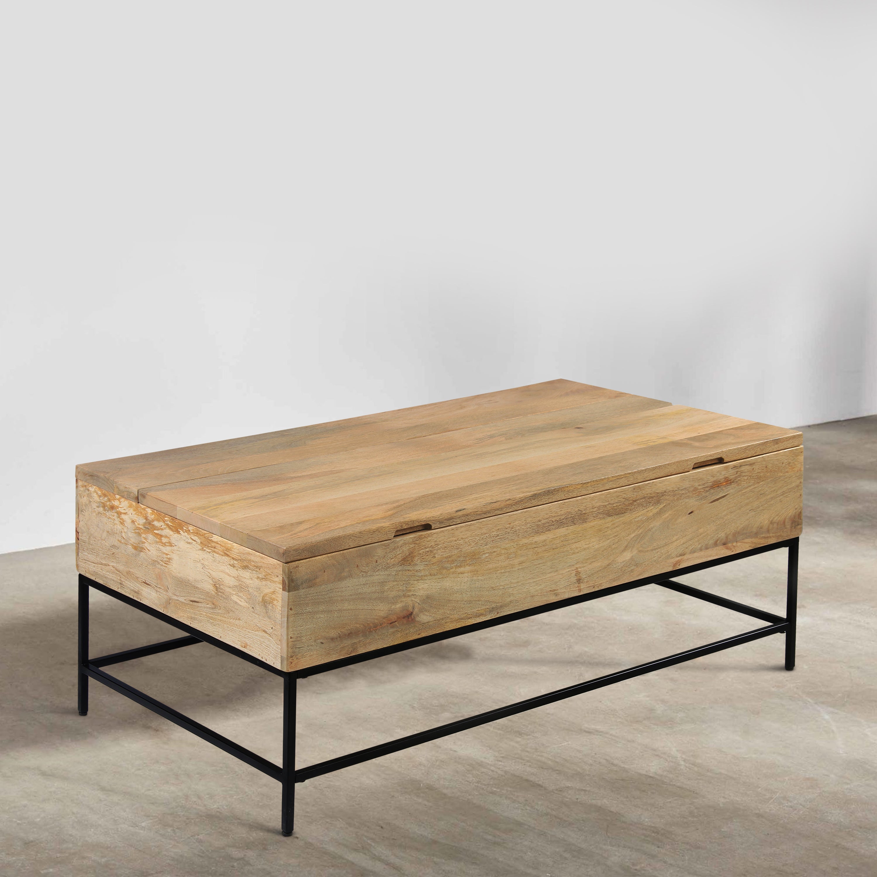 The Urban Port Audrey 45 Inch Handcrafted Mango Wood Coffee Table, Lift Top, Grain Details, Natural Brown, Black