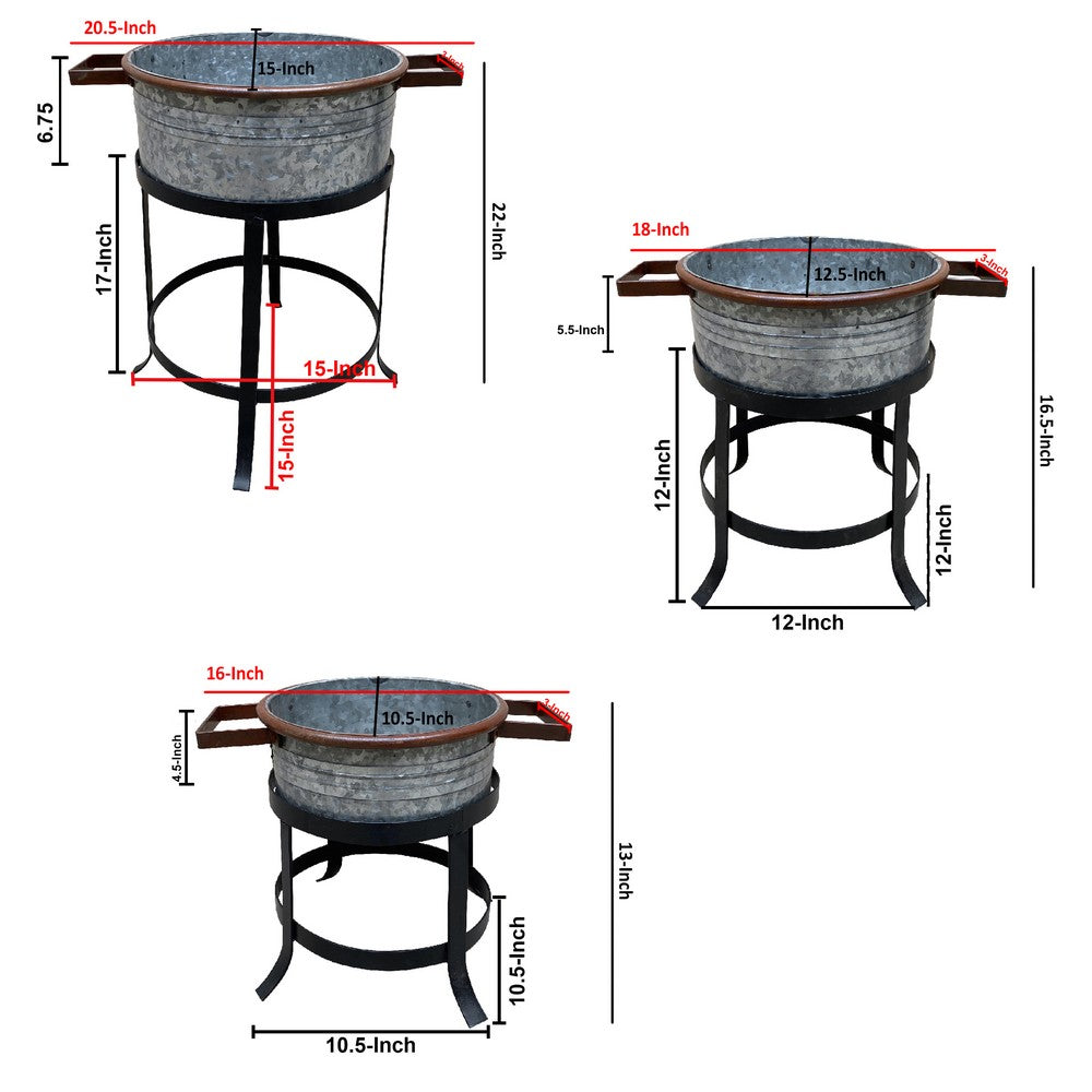 The Urban Port 21, 18, And 16 Inch 3 Piece Round Tub Metal Planter Set with Stand in Galvanized Gray And Black Iron