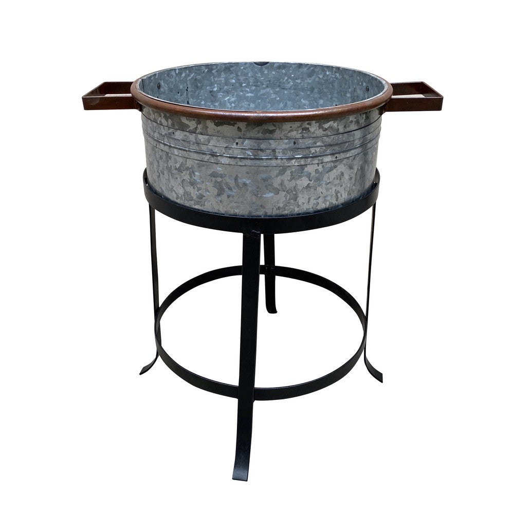 The Urban Port 21, 18, And 16 Inch 3 Piece Round Tub Metal Planter Set with Stand in Galvanized Gray And Black Iron