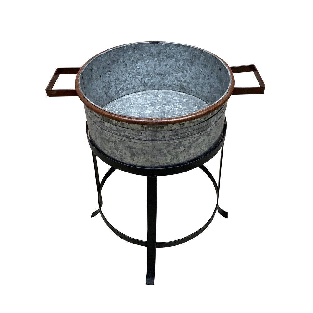 The Urban Port 21, 18, And 16 Inch 3 Piece Round Tub Metal Planter Set with Stand in Galvanized Gray And Black Iron