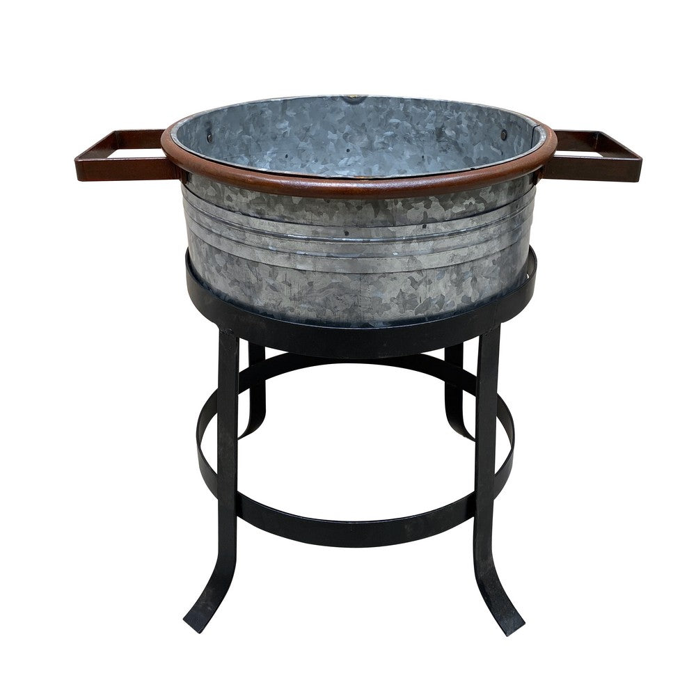 The Urban Port 21, 18, And 16 Inch 3 Piece Round Tub Metal Planter Set with Stand in Galvanized Gray And Black Iron