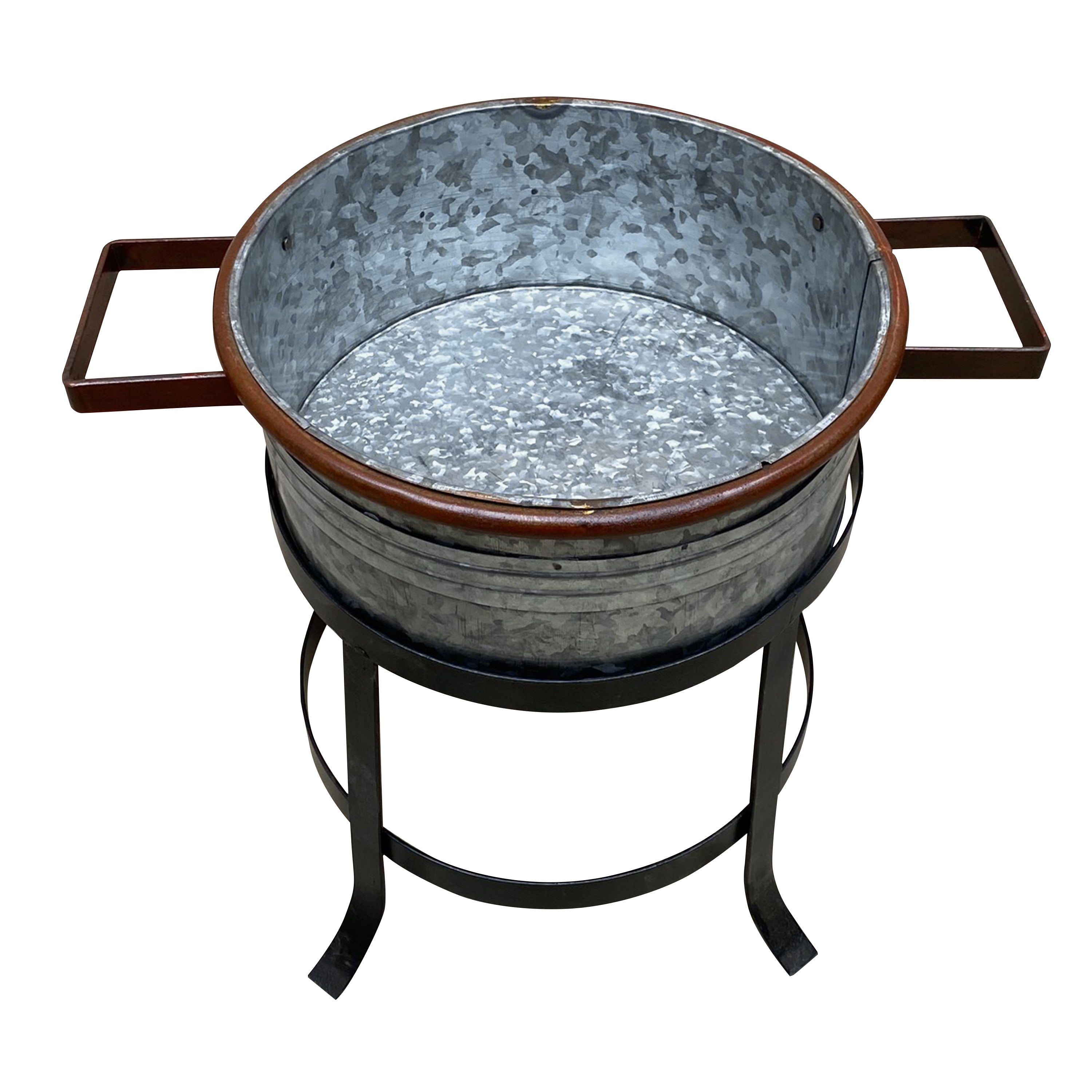 The Urban Port 21, 18, And 16 Inch 3 Piece Round Tub Metal Planter Set with Stand in Galvanized Gray And Black Iron
