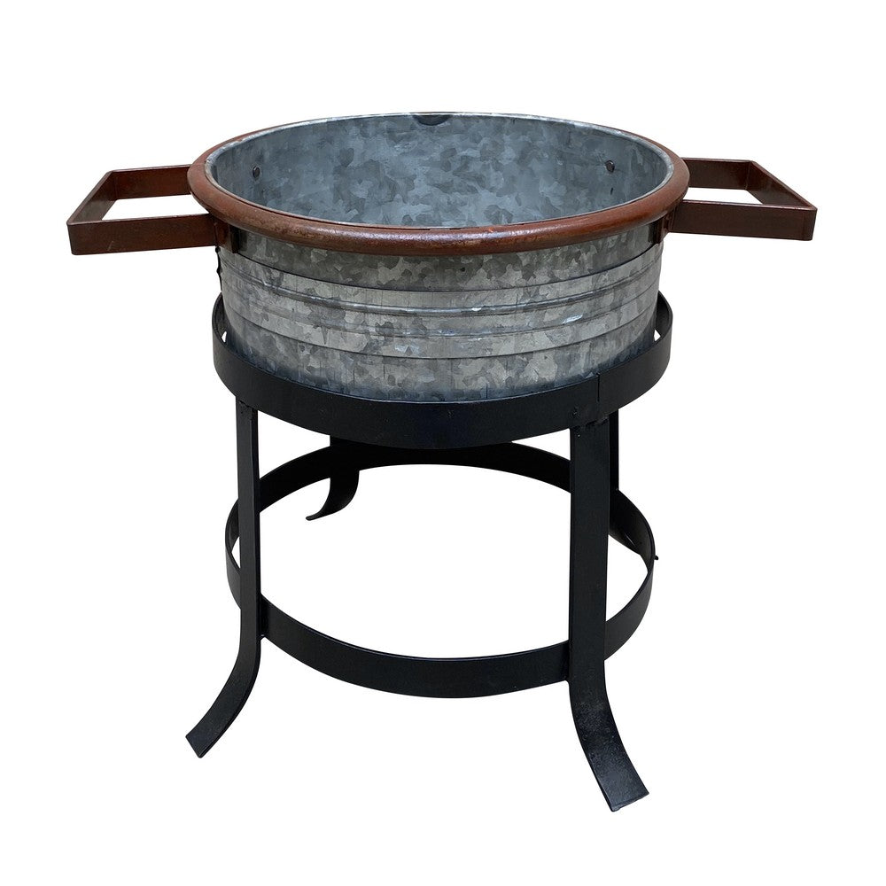 The Urban Port 21, 18, And 16 Inch 3 Piece Round Tub Metal Planter Set with Stand in Galvanized Gray And Black Iron