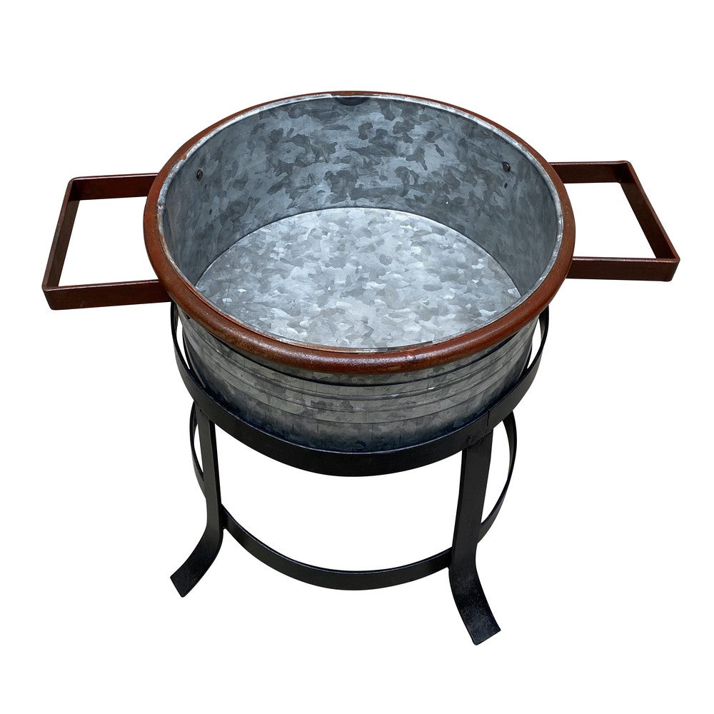 The Urban Port 21, 18, And 16 Inch 3 Piece Round Tub Metal Planter Set with Stand in Galvanized Gray And Black Iron