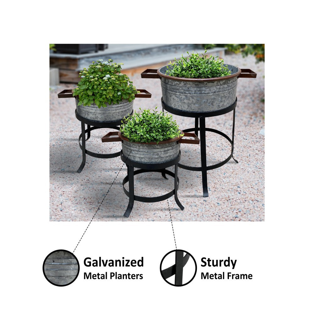 The Urban Port 21, 18, And 16 Inch 3 Piece Round Tub Metal Planter Set with Stand in Galvanized Gray And Black Iron