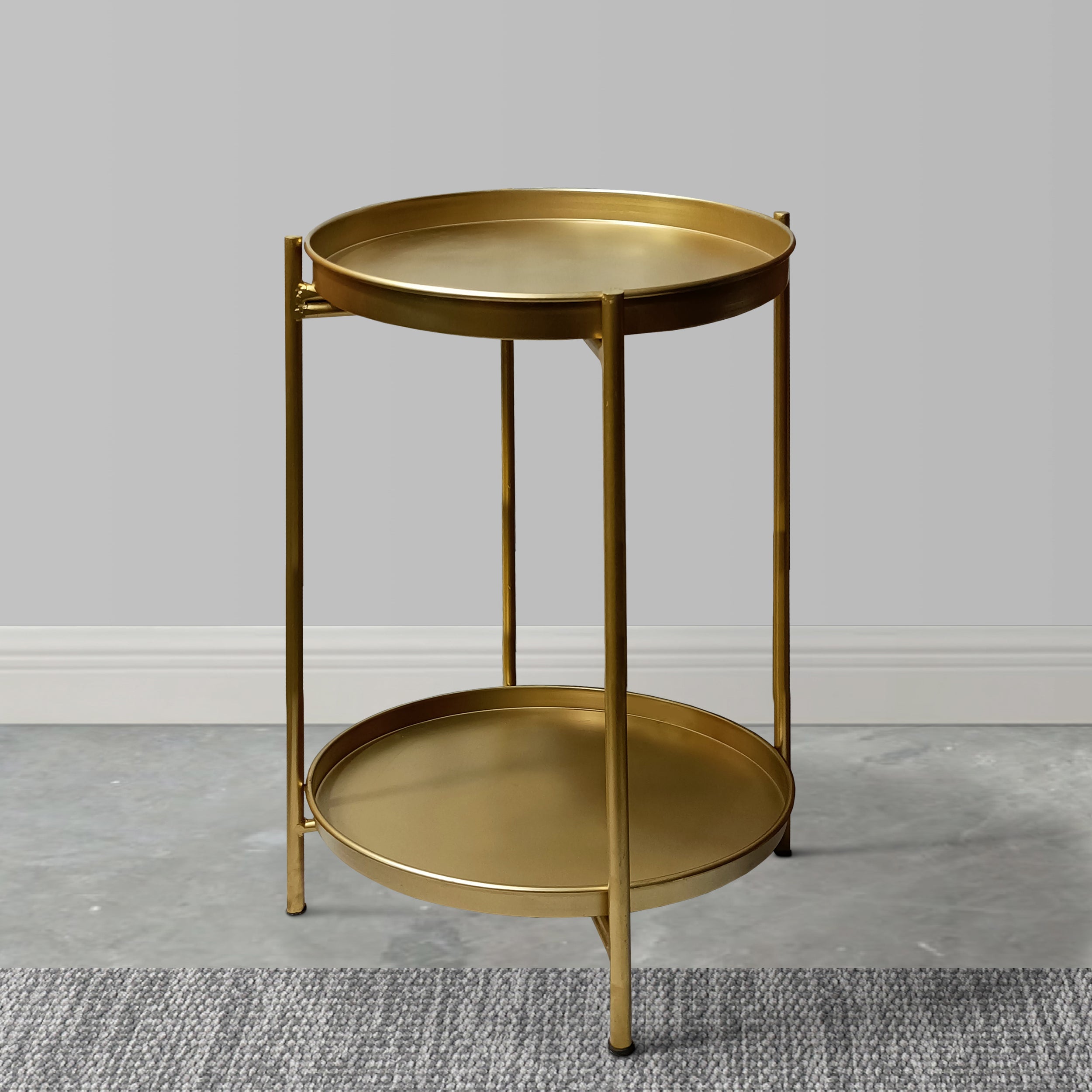 The Urban Port Vica 20 Inch High Round Side End Table with 2 Tier Iron Frame, Matte Gold