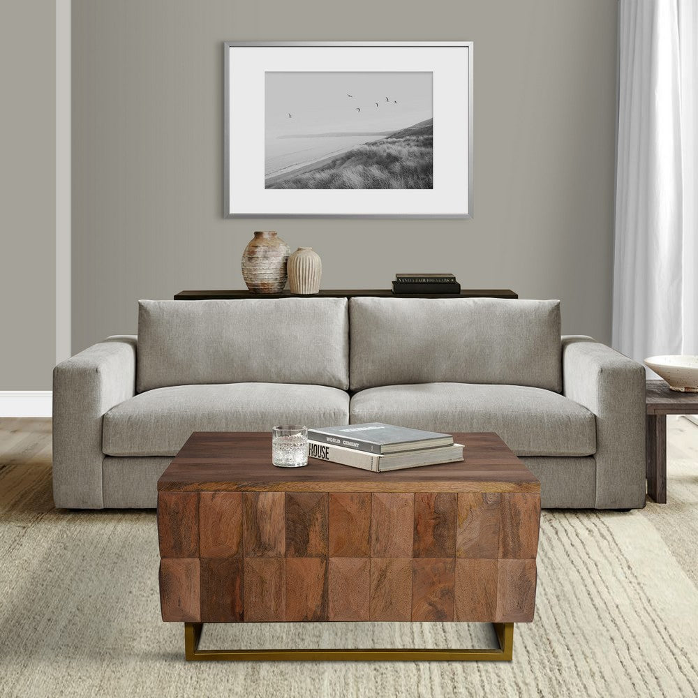 The Urban Port 33 Inch Lift Top Storage Trunk Coffee Table, Square, Mango Wood, Natural Brown