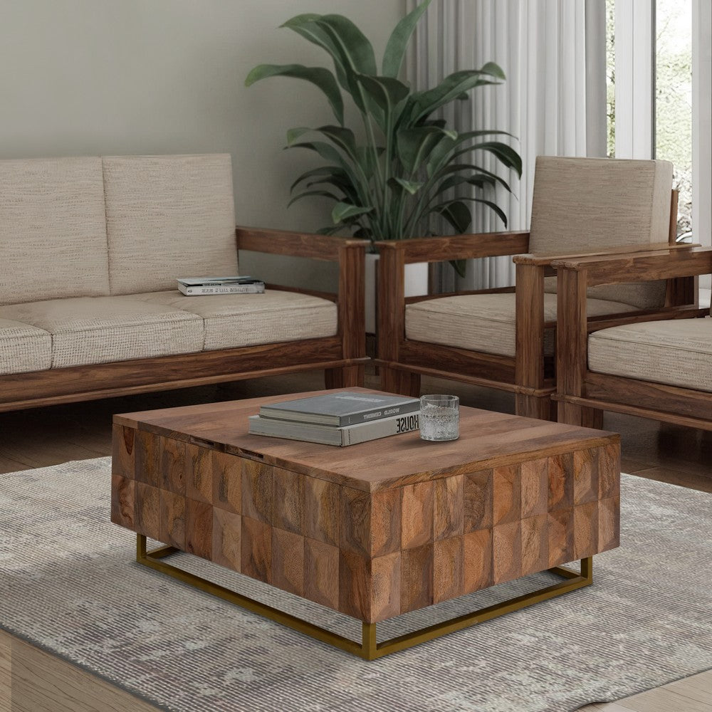 The Urban Port 33 Inch Lift Top Storage Trunk Coffee Table, Square, Mango Wood, Natural Brown