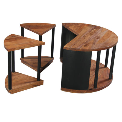 The Urban Port Jones 30-Inch Round Coffee Table, Handcrafted Natural Brown Acacia Wood, 3 Piece Split Design