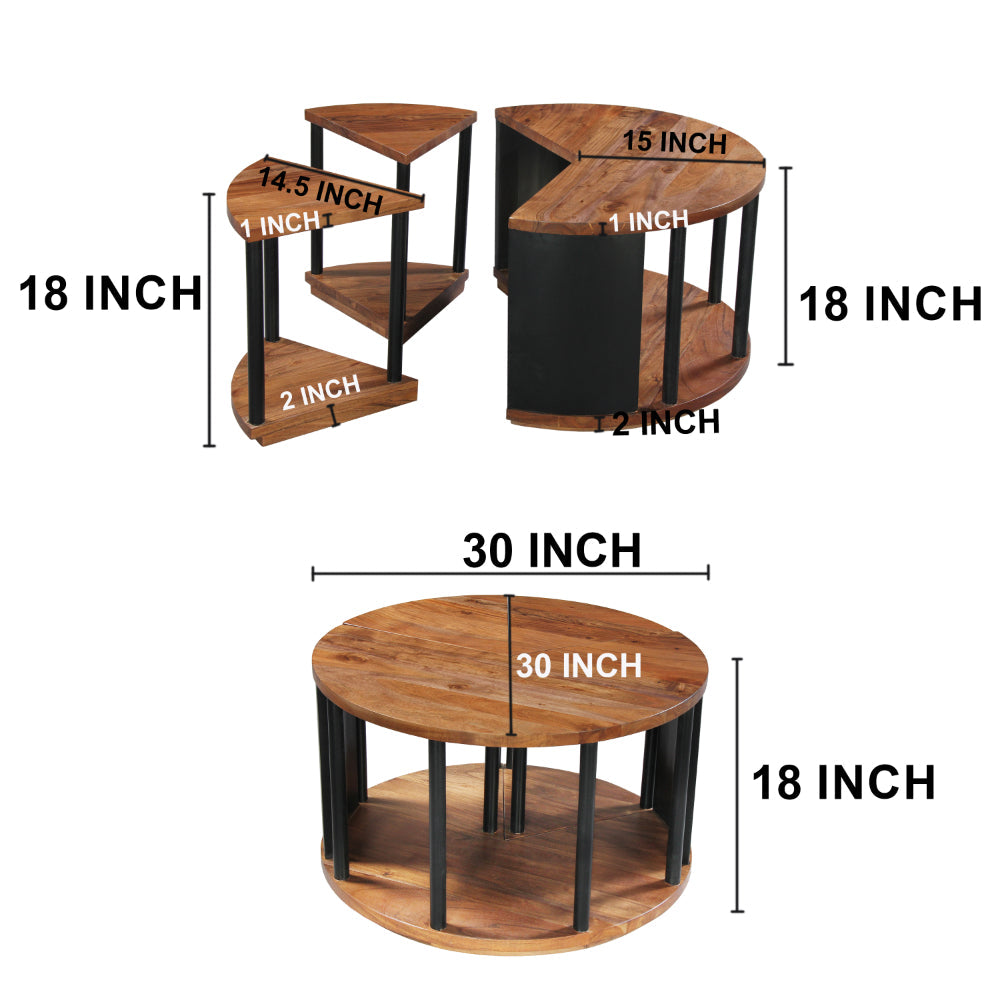 The Urban Port Jones 30-Inch Round Coffee Table, Handcrafted Natural Brown Acacia Wood, 3 Piece Split Design