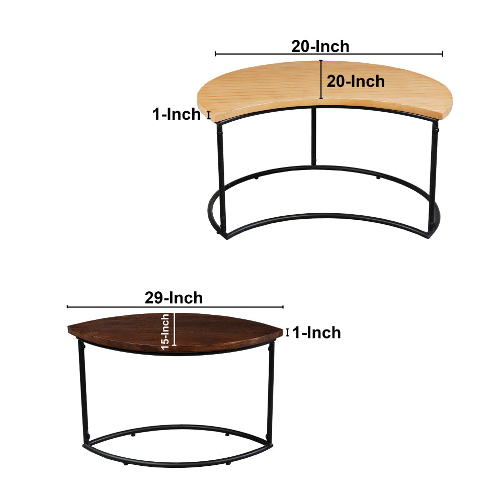 The Urban Port 35 Inch 2 Piece Coffee Table with Black Iron Frame, 2 Tone Mango Wood Top In Natural Brown And Walnut