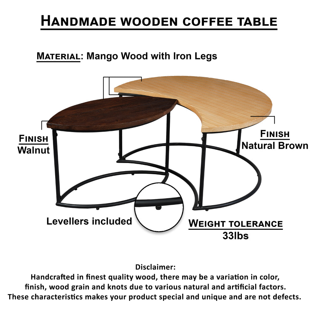 The Urban Port 35 Inch 2 Piece Coffee Table with Black Iron Frame, 2 Tone Mango Wood Top In Natural Brown And Walnut