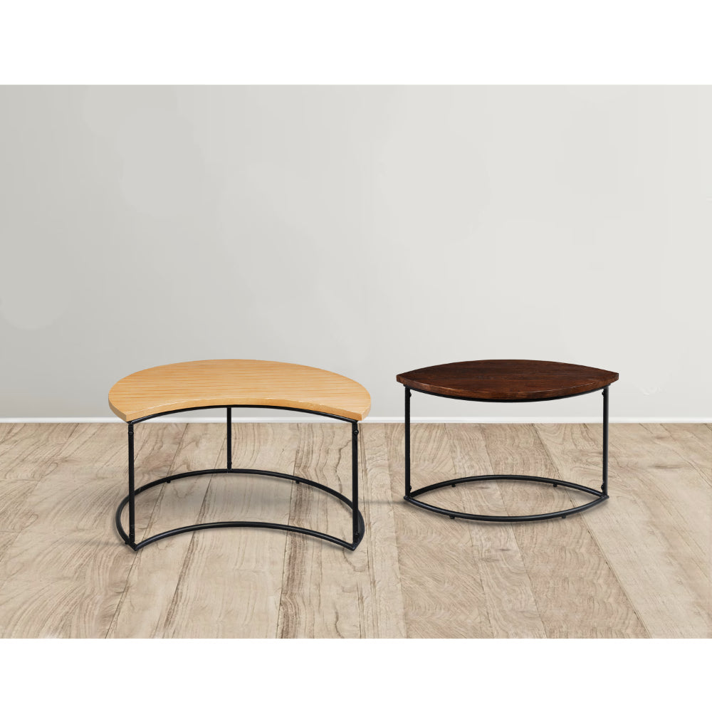 The Urban Port 35 Inch 2 Piece Coffee Table with Black Iron Frame, 2 Tone Mango Wood Top In Natural Brown And Walnut