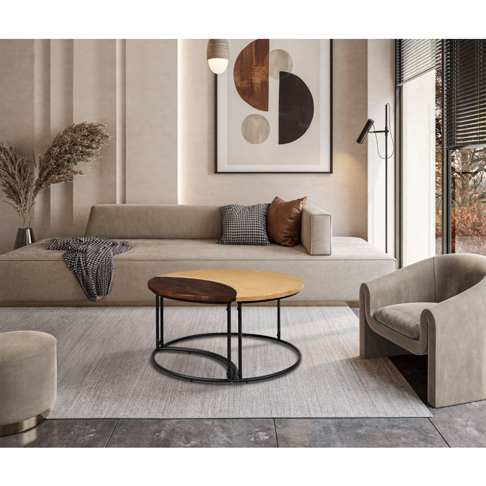 The Urban Port 35 Inch 2 Piece Coffee Table with Black Iron Frame, 2 Tone Mango Wood Top In Natural Brown And Walnut