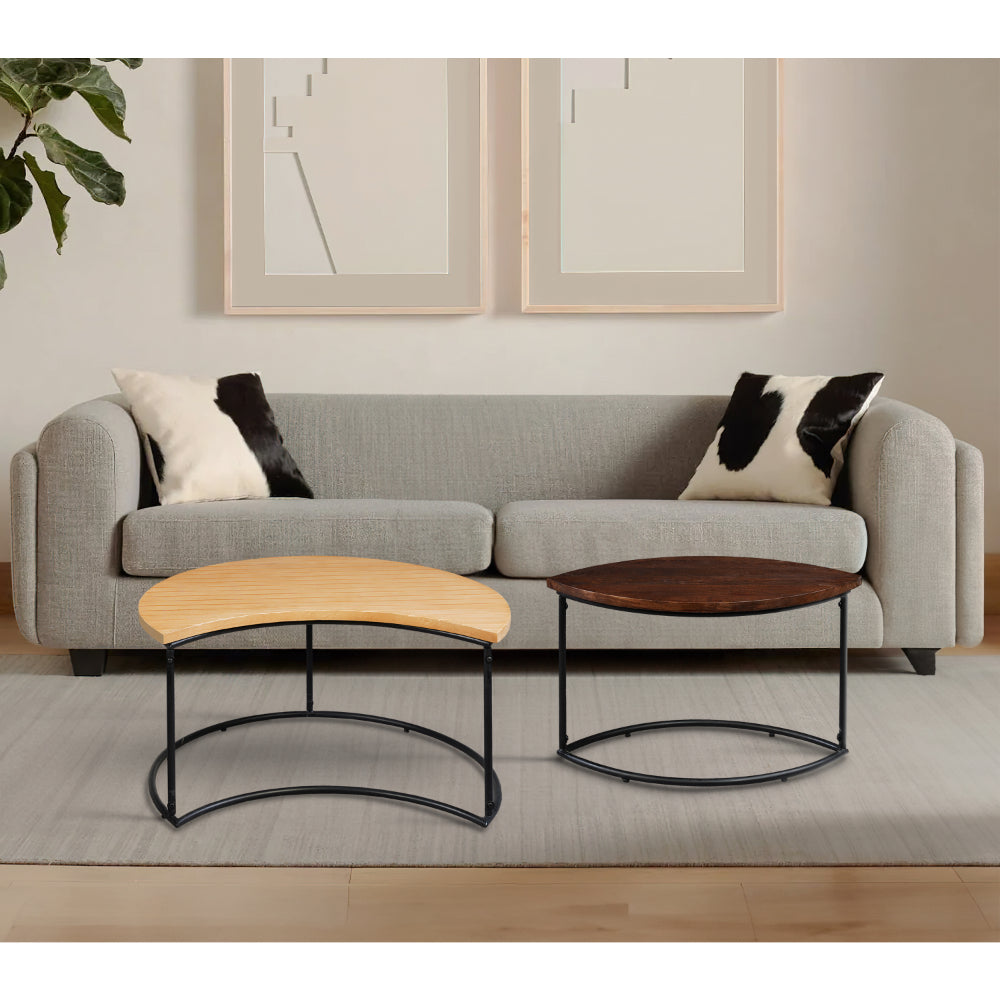 The Urban Port 35 Inch 2 Piece Coffee Table with Black Iron Frame, 2 Tone Mango Wood Top In Natural Brown And Walnut